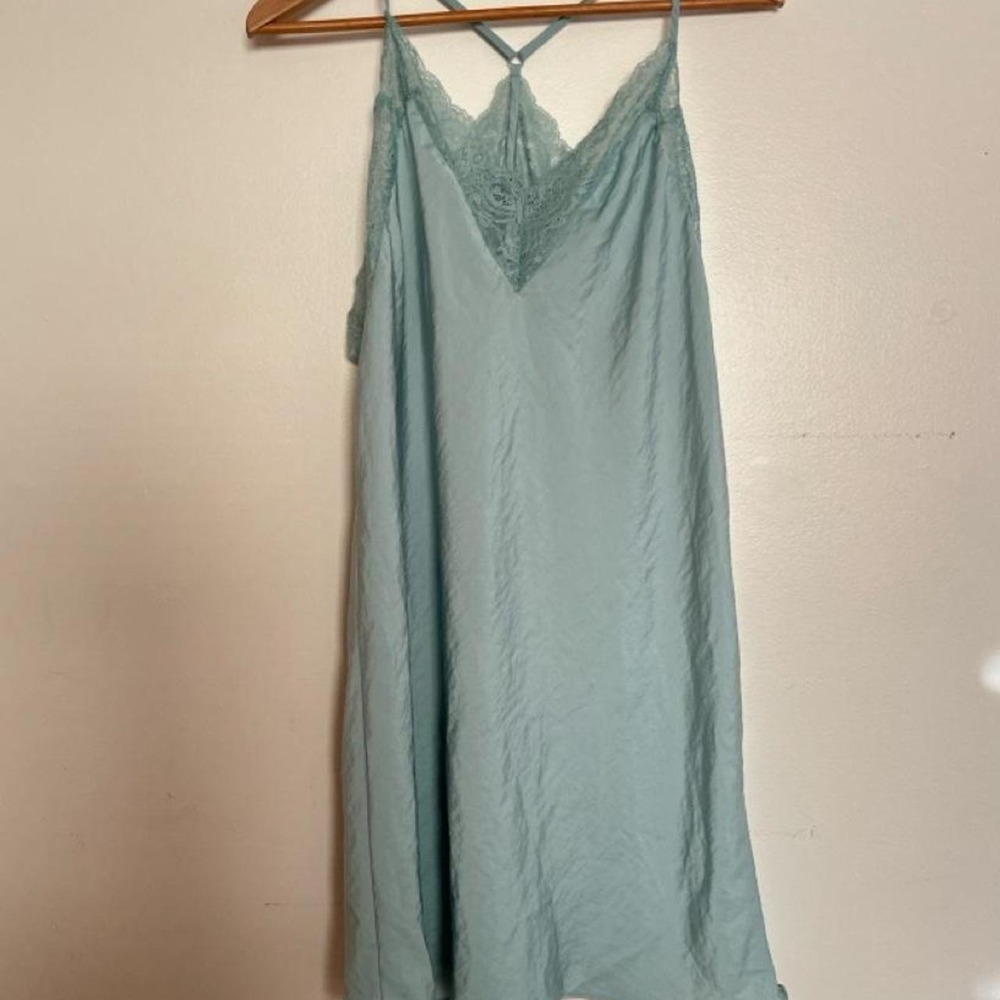 Linea Donatella Teal Turquoise Satin Lace Chemise Slip Dress L Y2K Aesthetic - Picture 3 of 7
